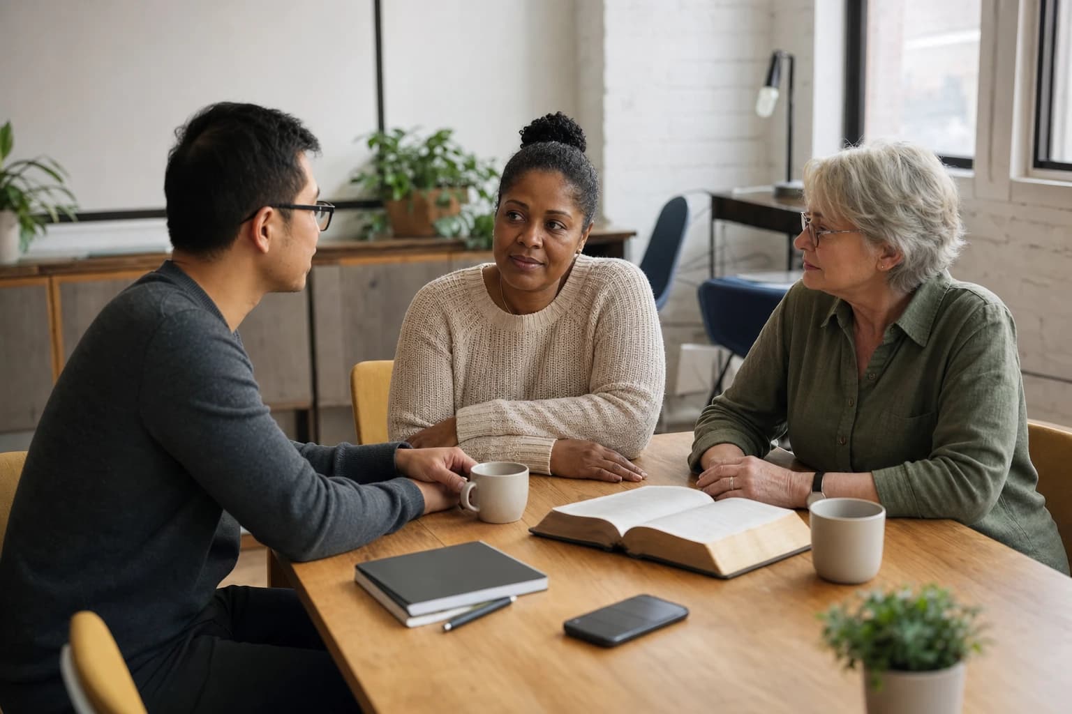 Two church care volunteers supporting members in a simple community room.