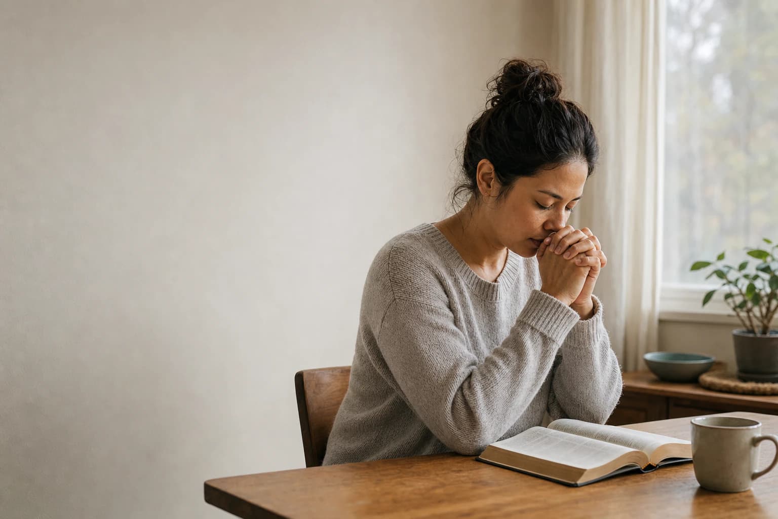 A person taking a quiet moment to pray beside an open Bible.