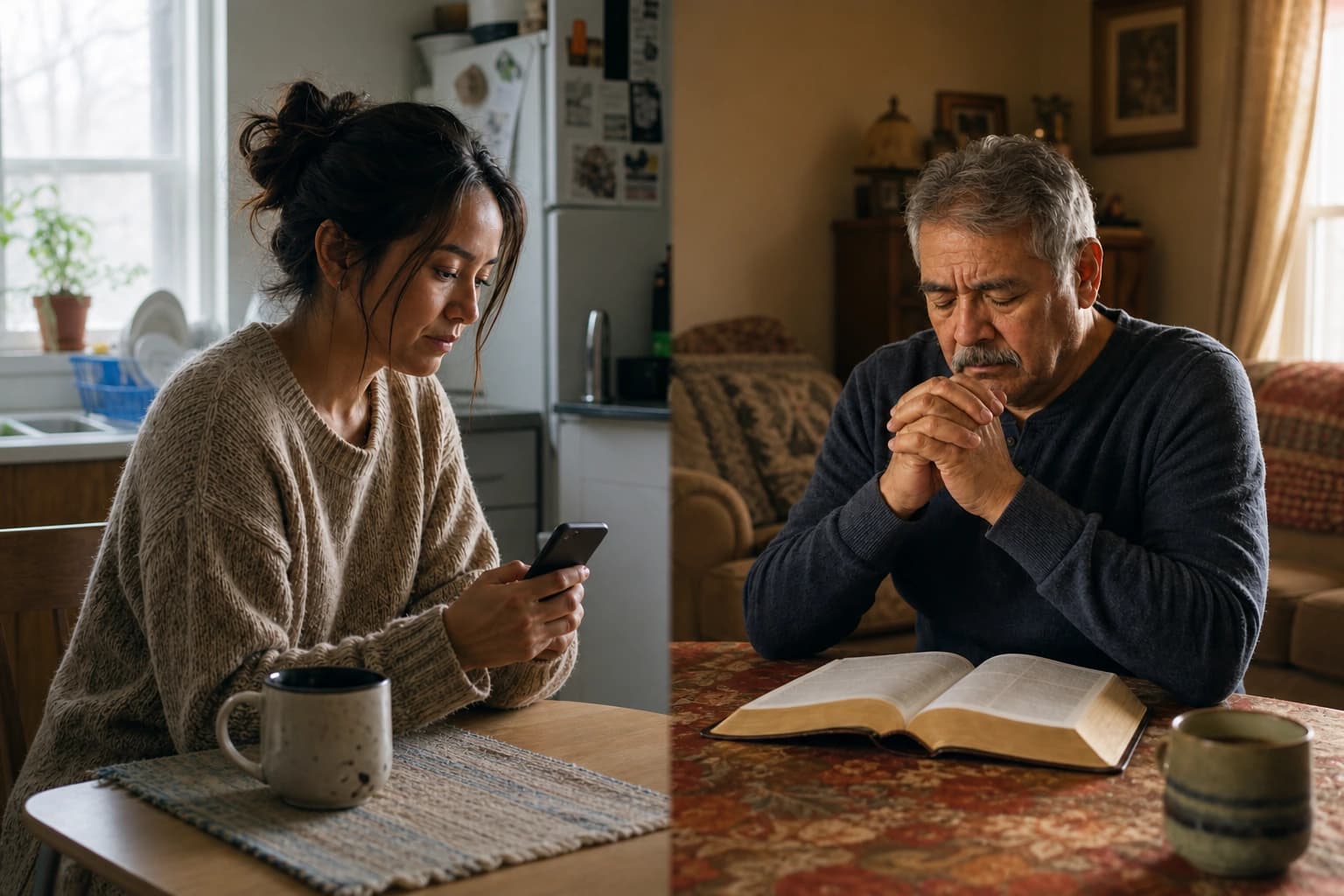 Two people in ordinary homes connected through a private prayer request.